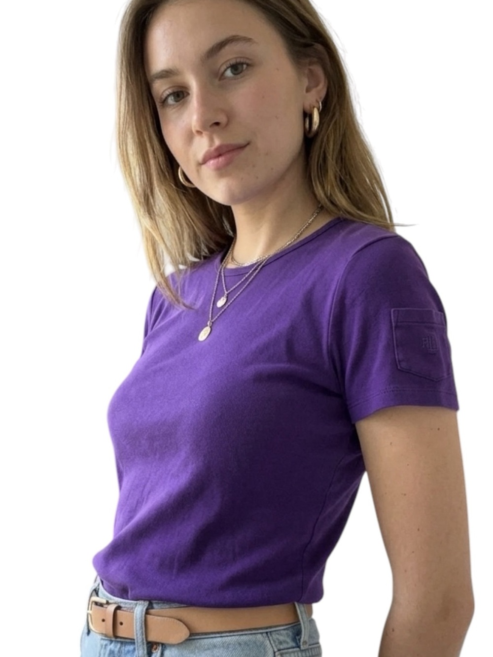 Vintage 90s Lauren Ralph Lauren Purple Sleeve Pocket Tee Top Small S